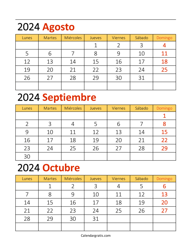 Calendario de agosto septiembre y octubre 2024 España