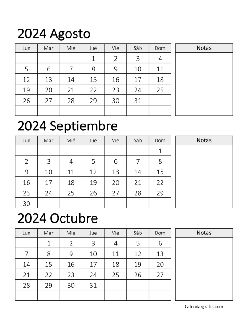 Calendario de agosto septiembre y octubre 2024 para imprimir