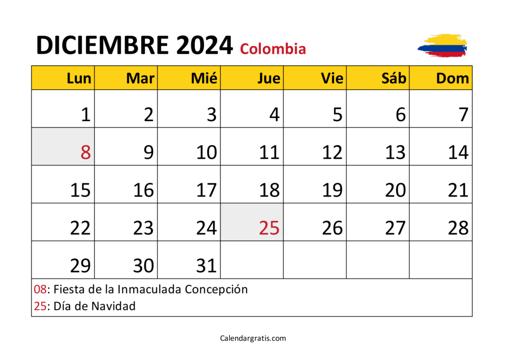 Calendario diciembre 2024 Colombia