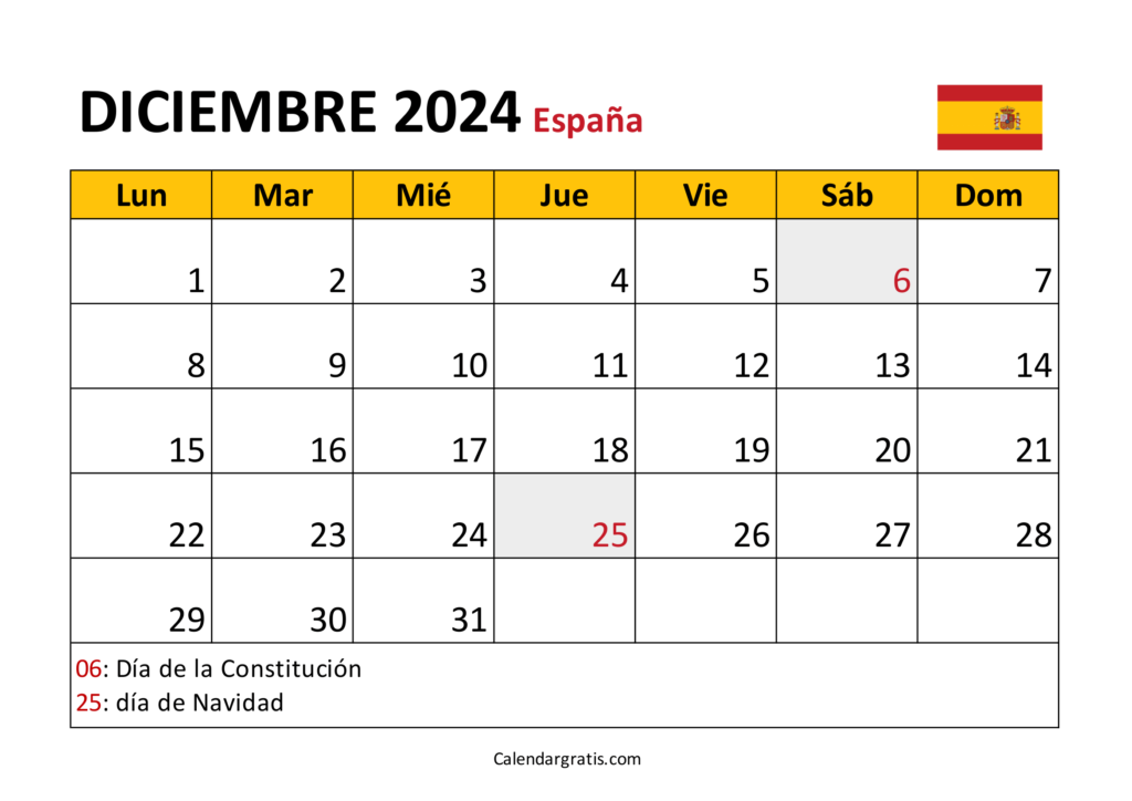 Calendario diciembre 2024 España