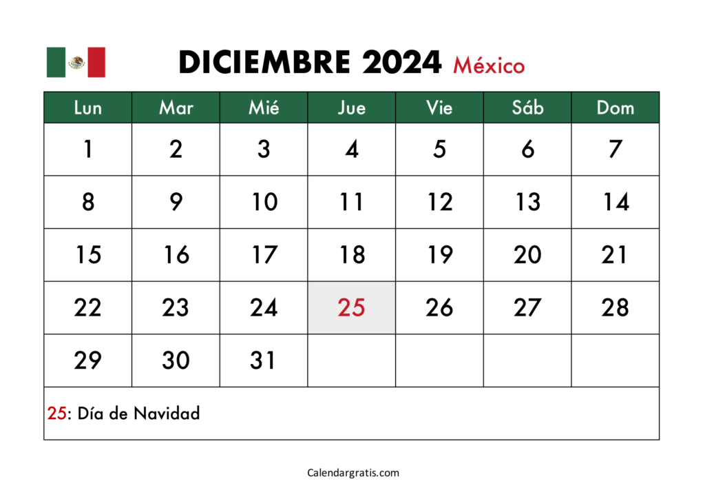 Calendario diciembre 2024 México