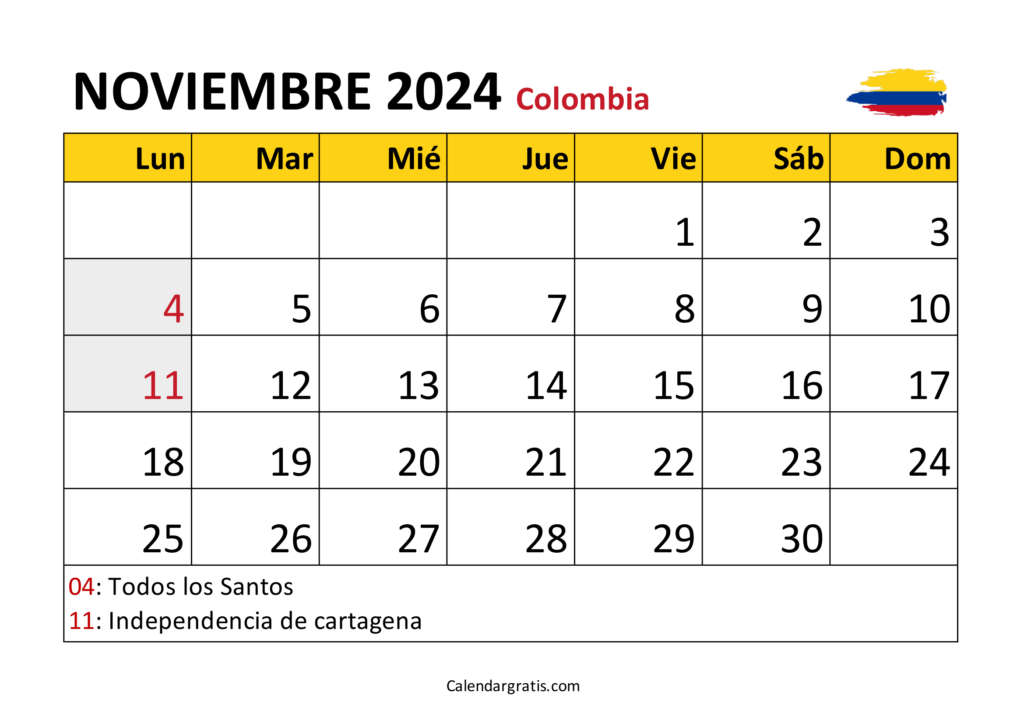 Calendario noviembre 2024 Colombia