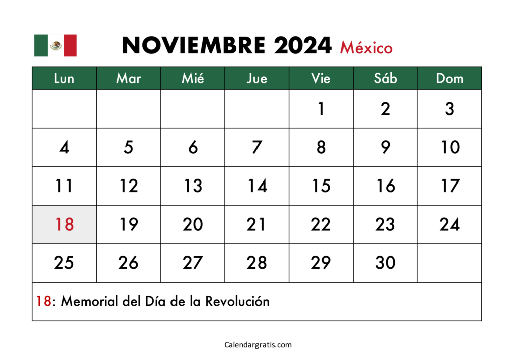 Calendario noviembre 2024 México