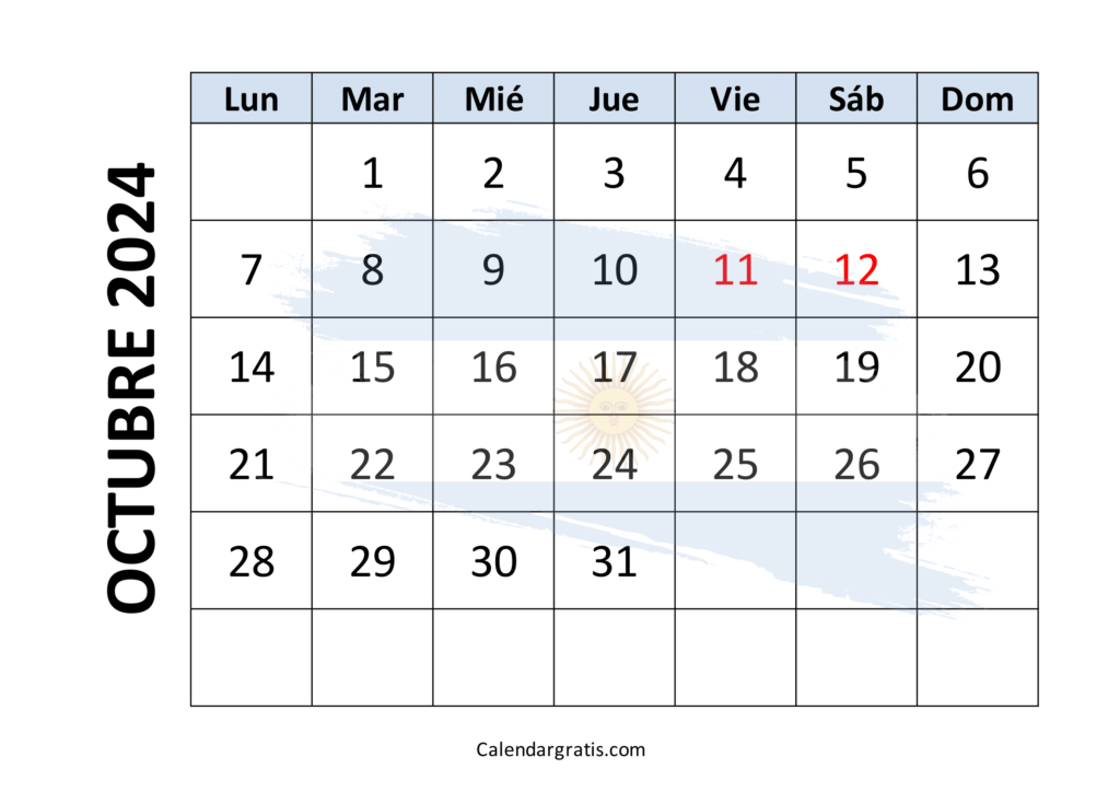 Calendario octubre 2024 Argentina