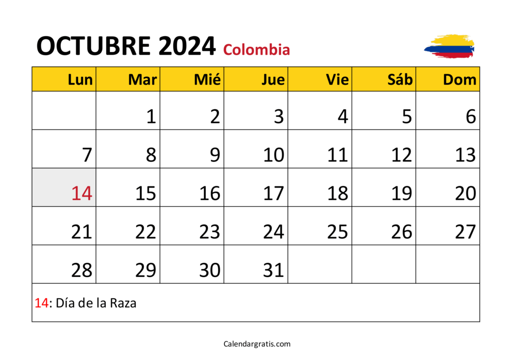 Calendario octubre 2024 Colombia