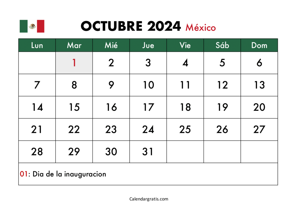 Calendario octubre 2024 México