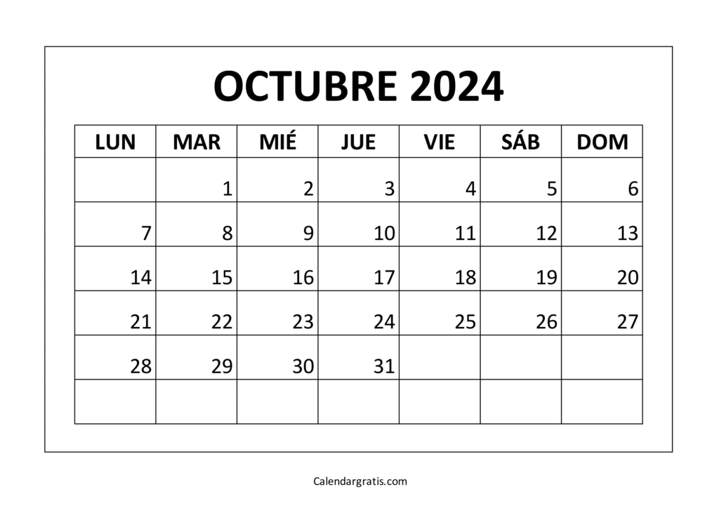 Calendario octubre 2024 para imprimir