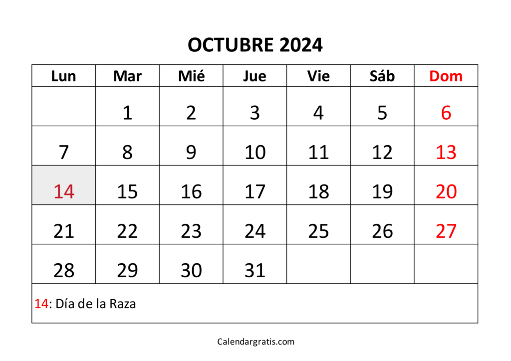 Calendario octubre 2024 para imprimir Colombia