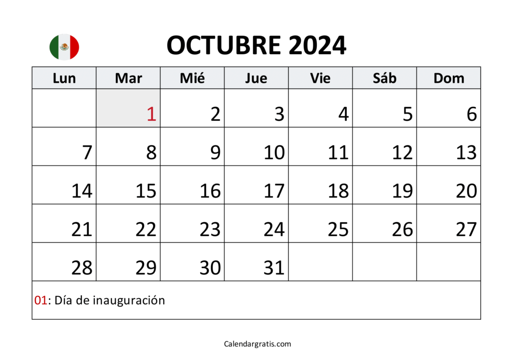 Calendario octubre 2024 para imprimir México