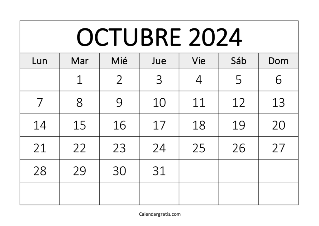 Calendario octubre 2024 para imprimir gratis