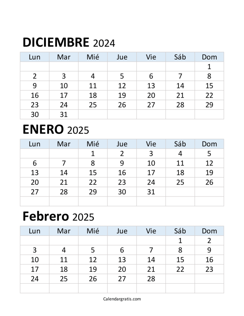 Calendario de diciembre enero y febrero 2025