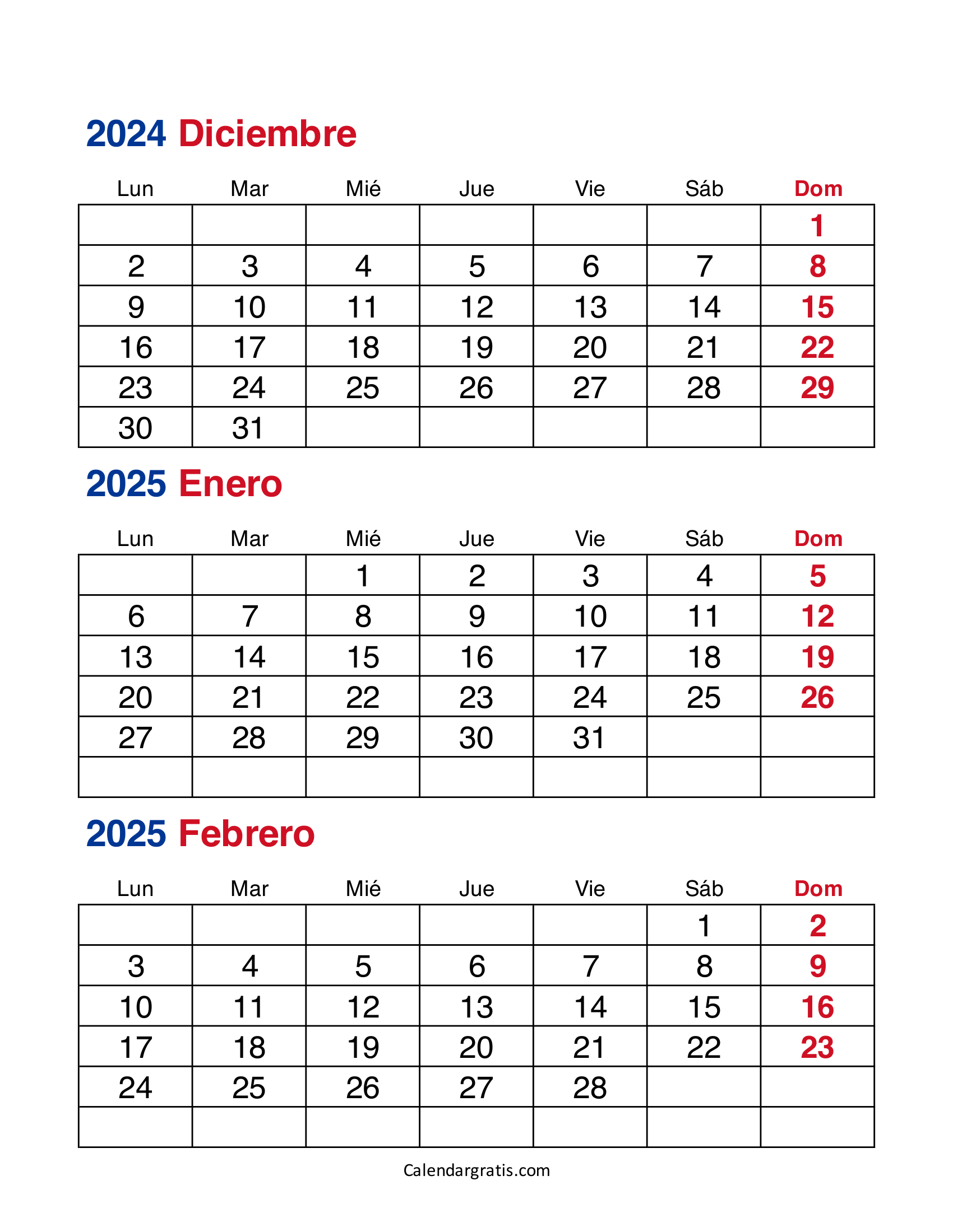 Calendario de diciembre enero y febrero 2025 Colombia