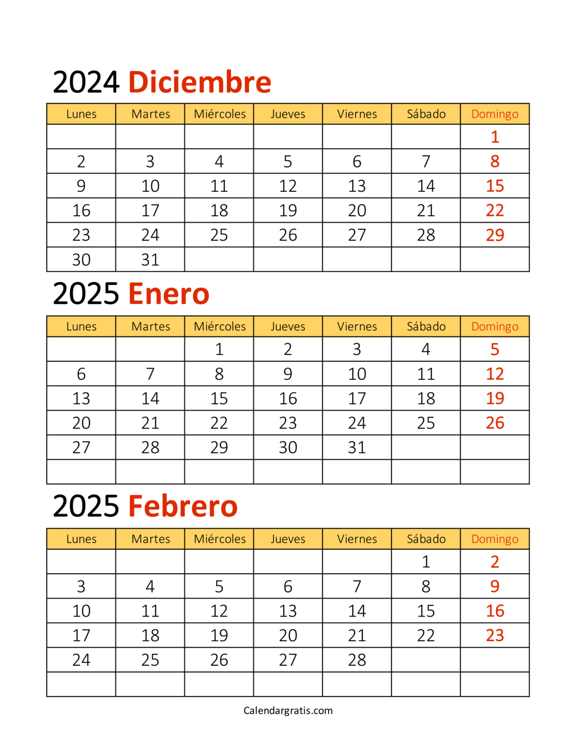 Calendario de diciembre enero febrero 2025 para imprimir gratis