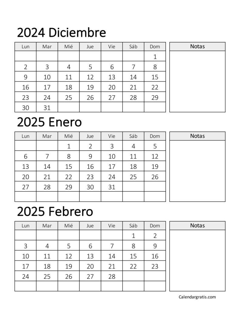 Calendario de diciembre enero y febrero 2025 para imprimir