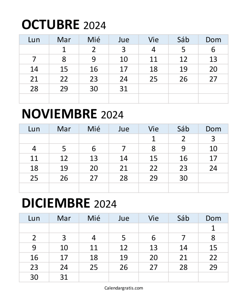 Calendario de octubre noviembre y diciembre 2024