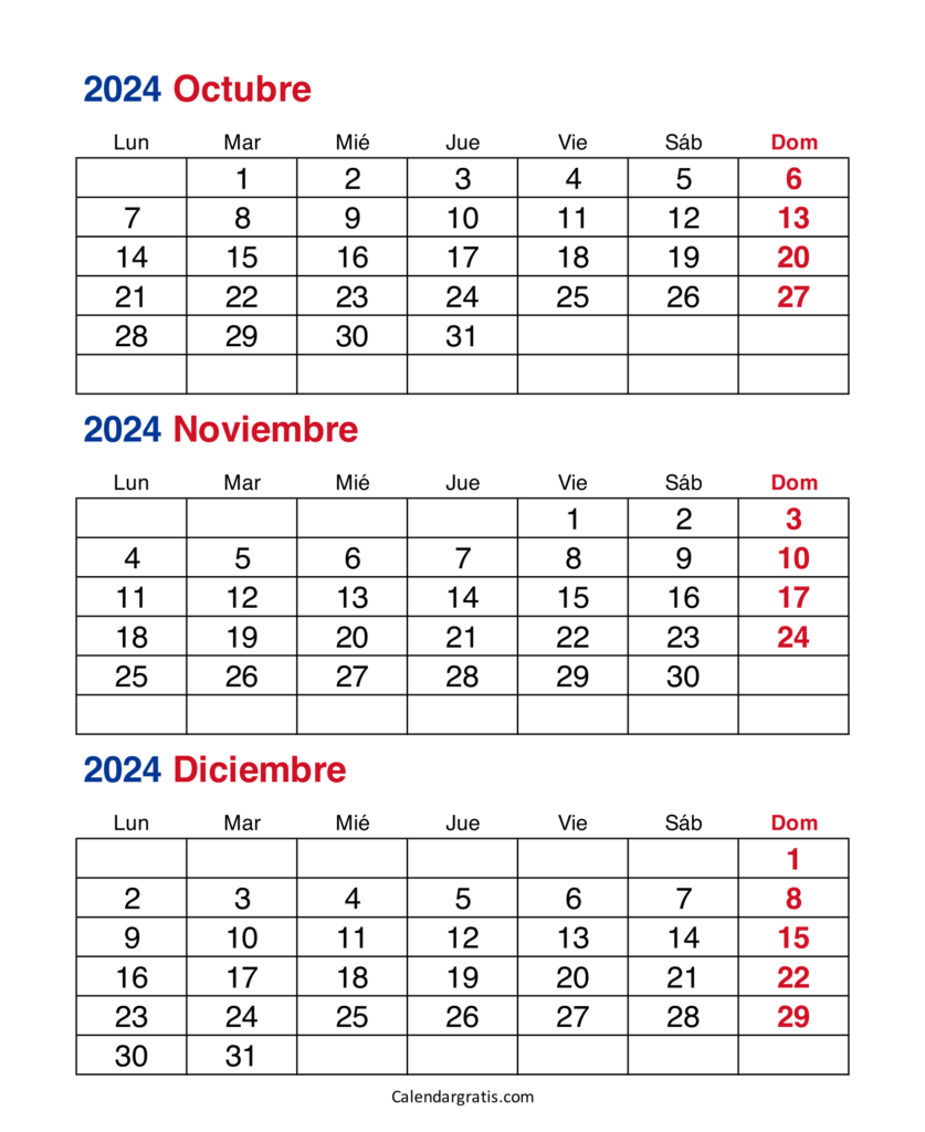 Calendario de octubre noviembre y diciembre 2024 Colombia