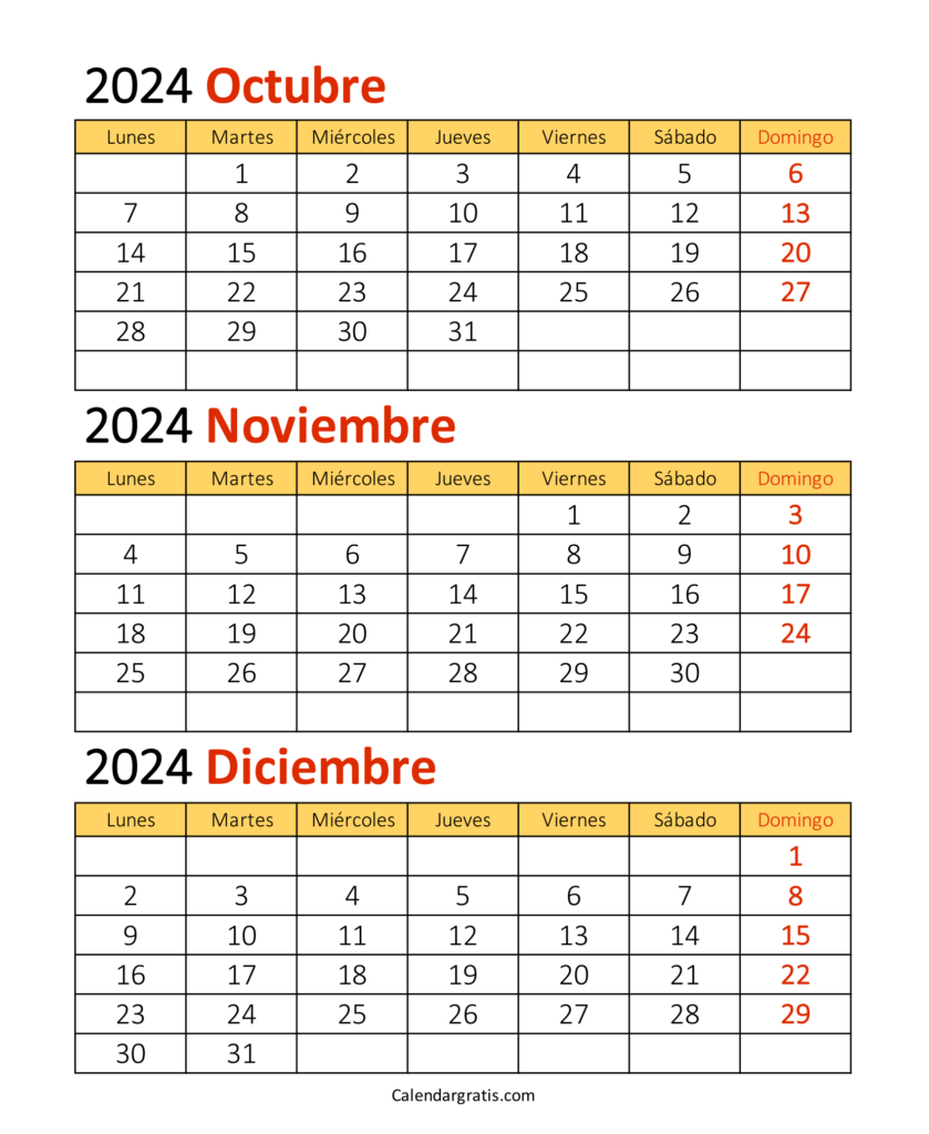 Calendario de octubre noviembre y diciembre 2024 España