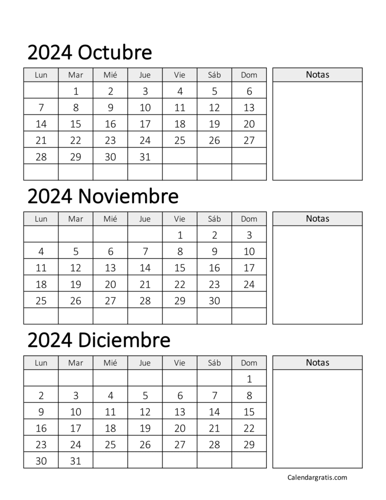 Calendario de octubre noviembre y diciembre 2024 para imprimir