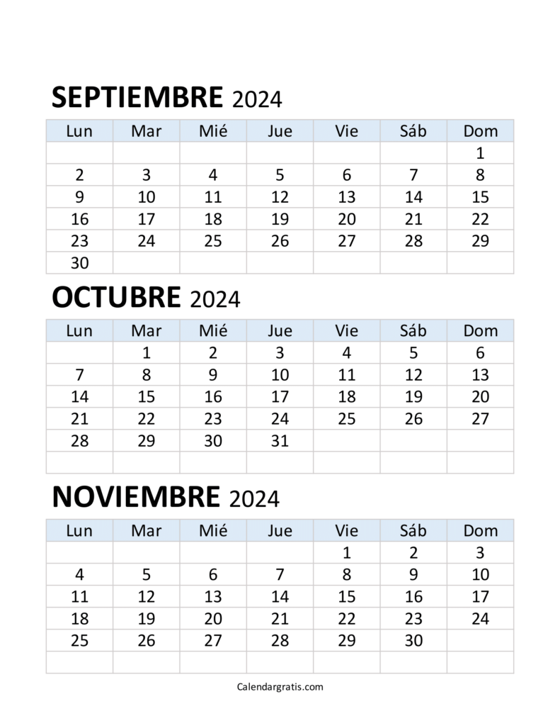 Calendario de septiembre octubre y noviembre 2024