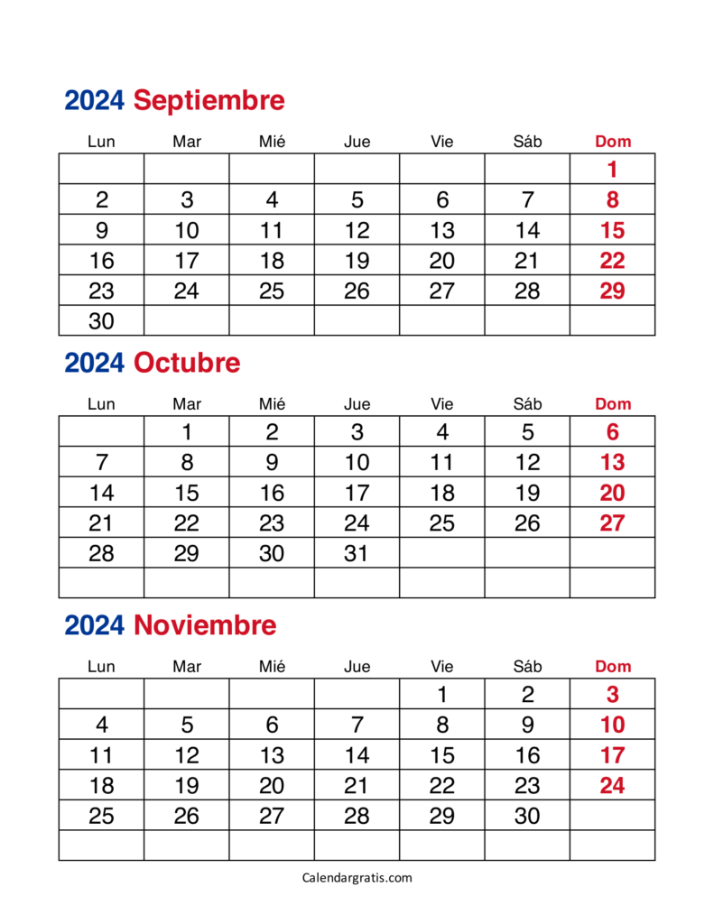 Calendario de septiembre octubre y noviembre 2024 Colombia