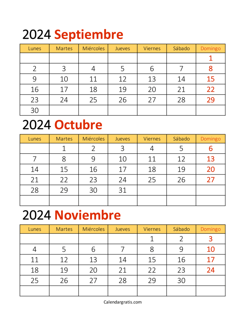 Calendario de septiembre octubre y noviembre 2024 España