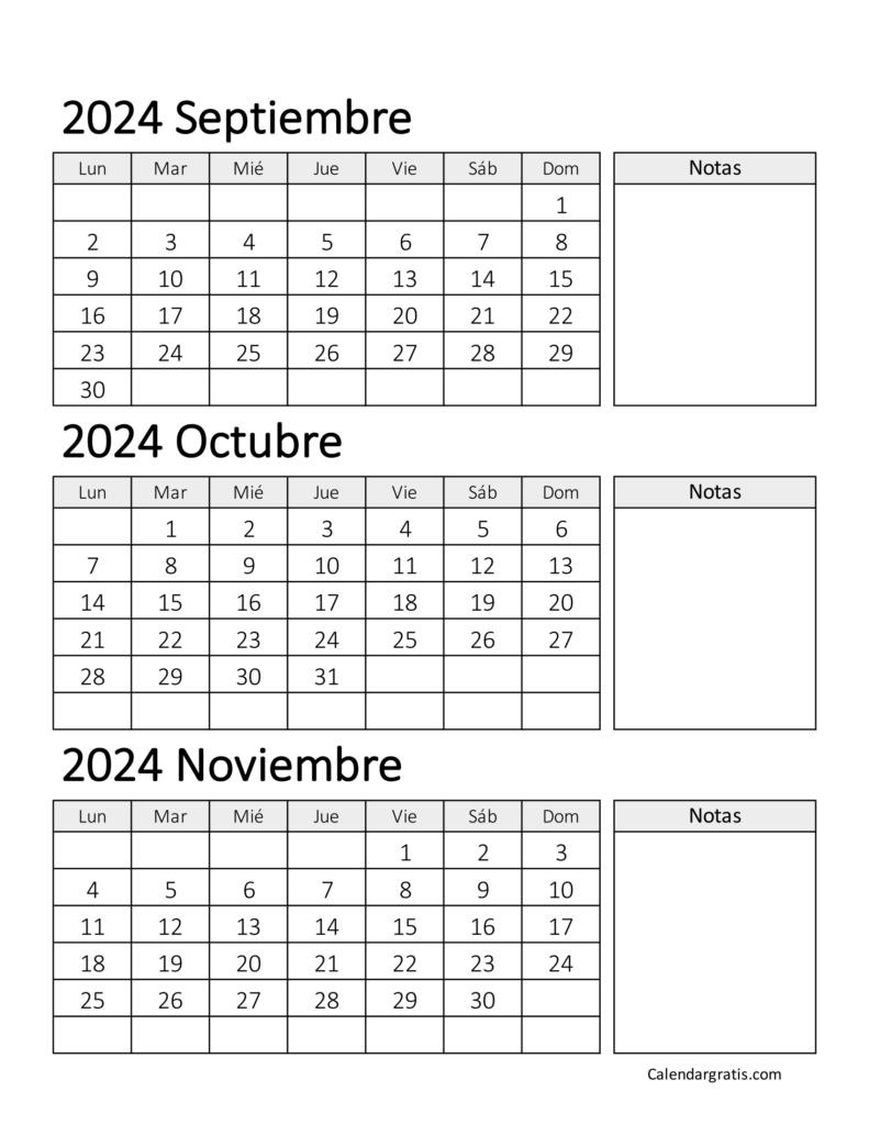 Calendario de septiembre octubre y noviembre 2024 para imprimir