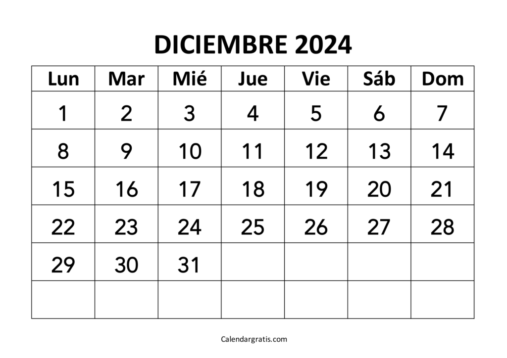 Calendario del mes de diciembre 2024