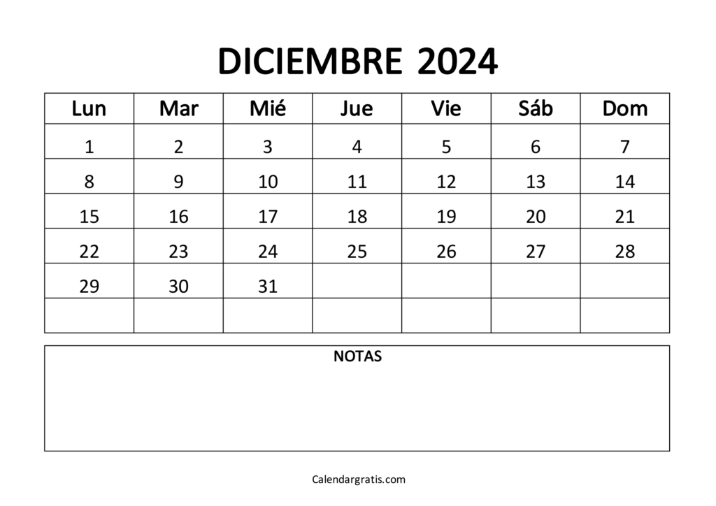 Calendario del mes de diciembre 2024 para imprimir