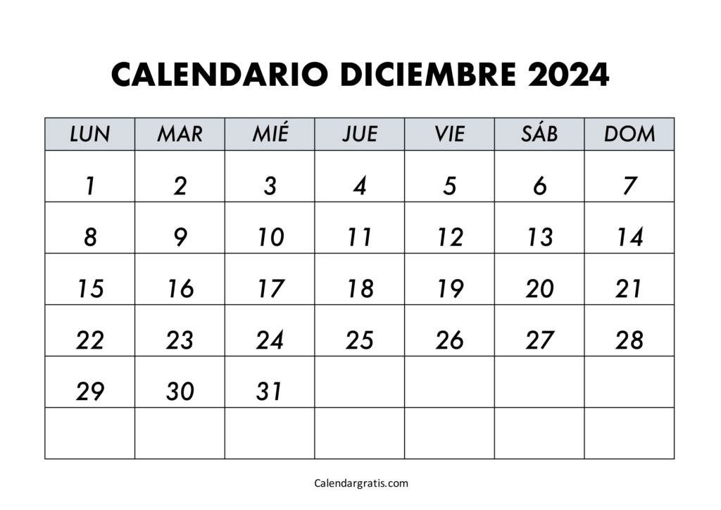 Calendario del mes de diciembre 2024 para imprimir gratis