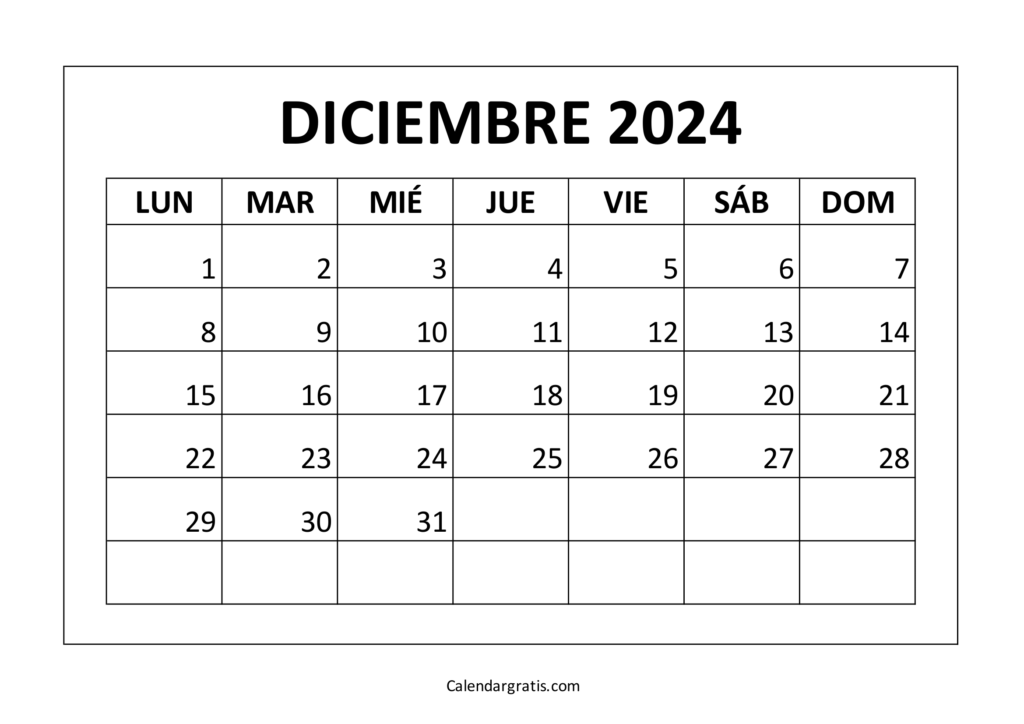 Calendario de diciembre 2024 para imprimir