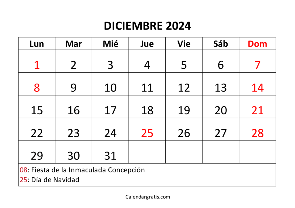 Calendario de diciembre 2024 para imprimir Colombia