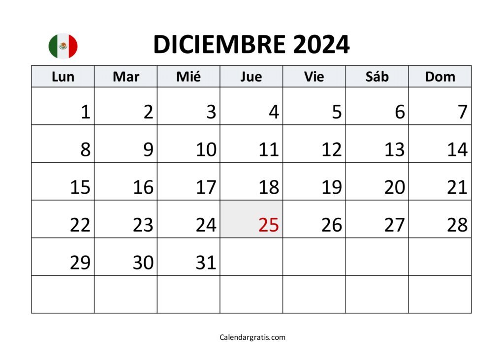 Calendario diciembre 2024 para imprimir México