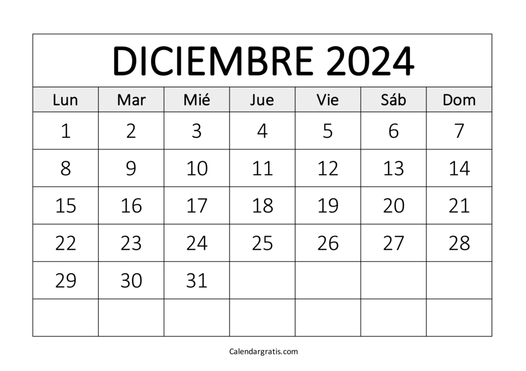 Calendario de diciembre 2024 para imprimir gratis