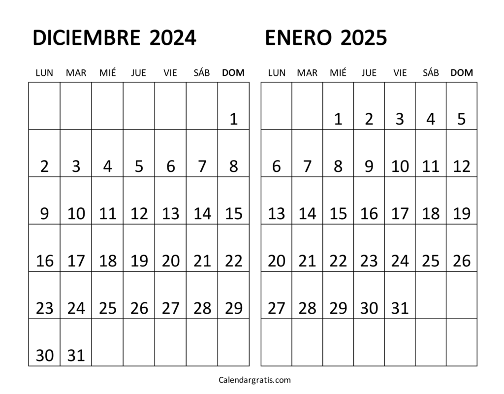 Calendario diciembre 2024 y enero 2025