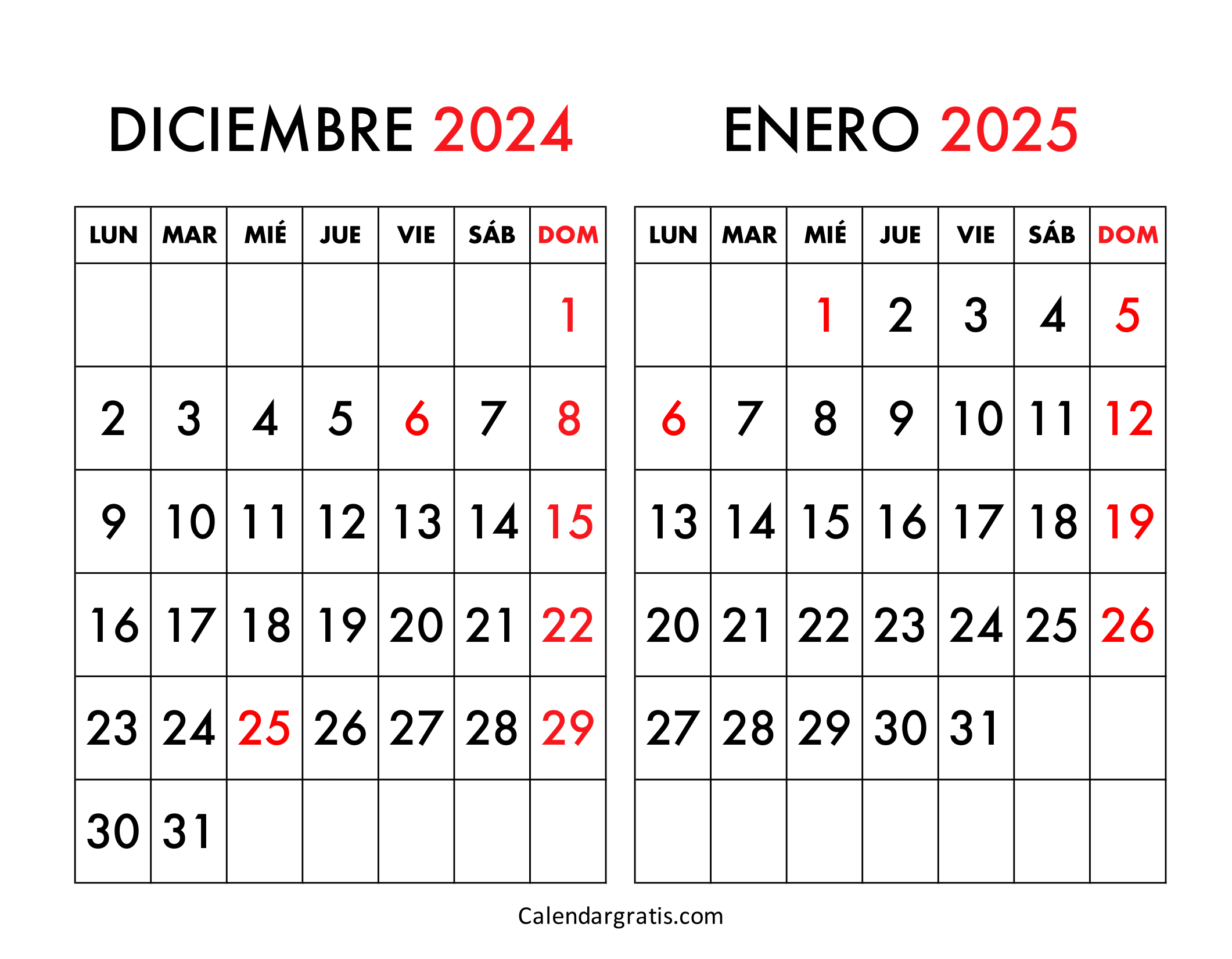 Calendario diciembre 2024 y enero 2025 España