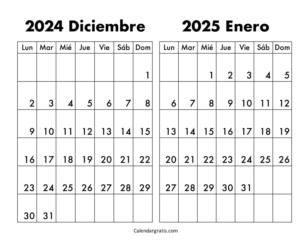 Calendario diciembre 2024 y enero 2025 para imprimir