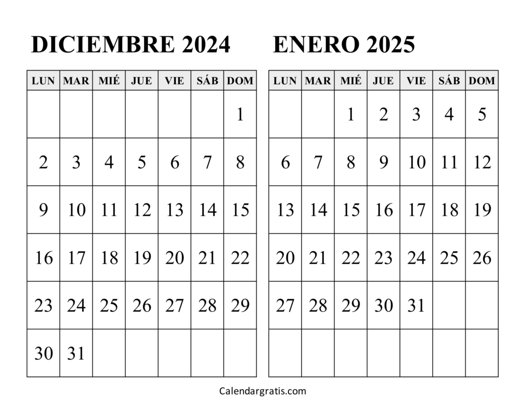 Calendario diciembre 2024 y enero 2025 para imprimir gratis