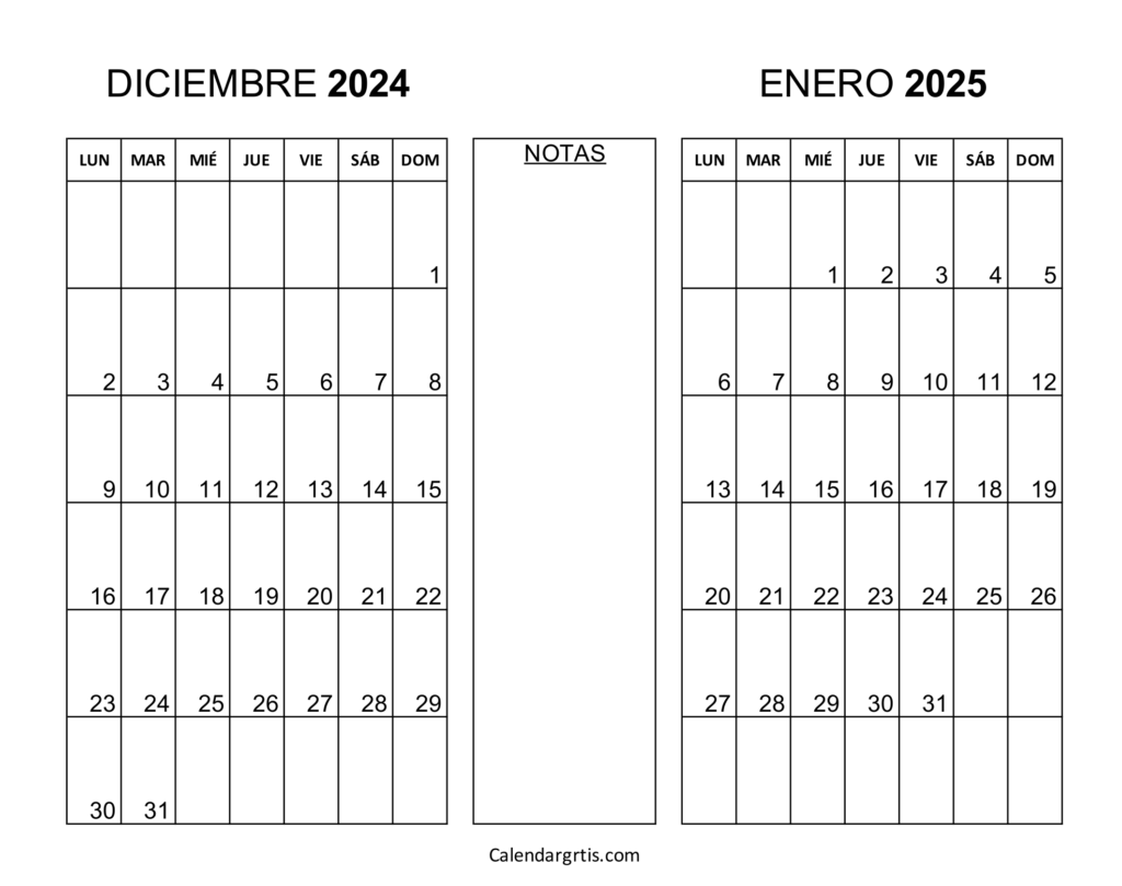 Calendario diciembre enero 2025