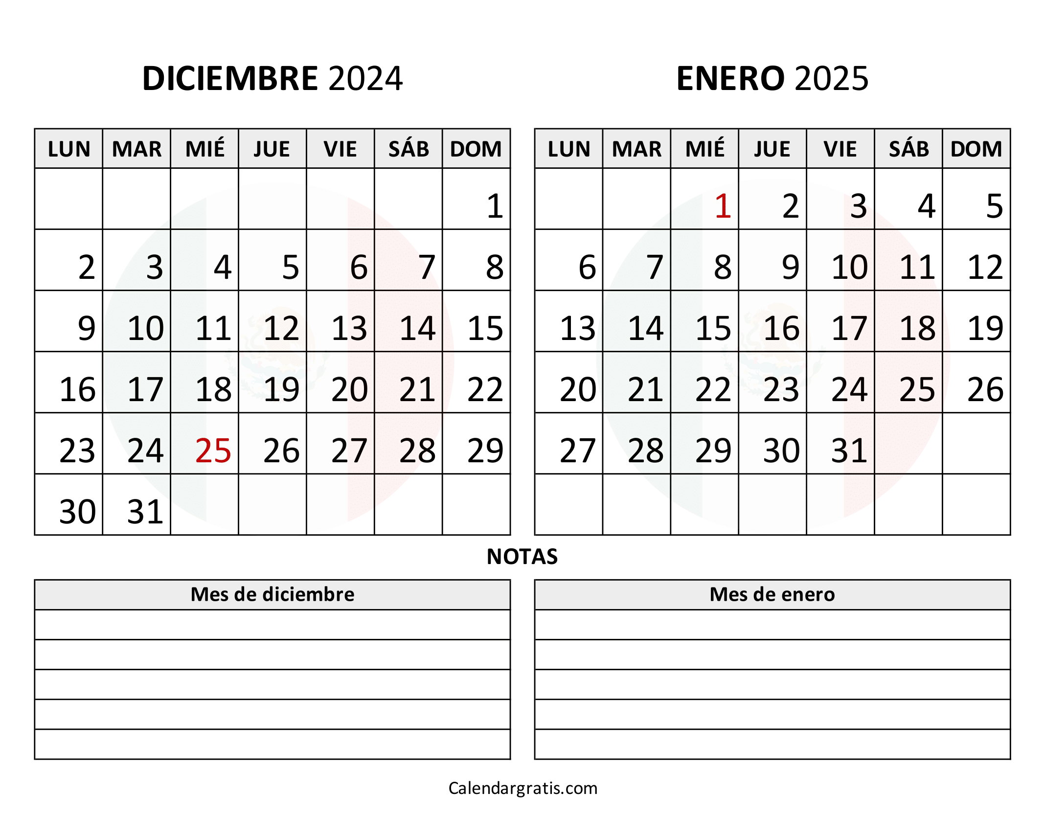 Calendario diciembre enero 2025 México