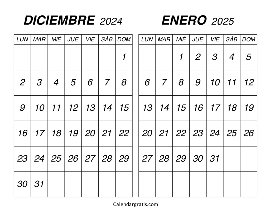 Calendario diciembre enero 2025 para imprimir