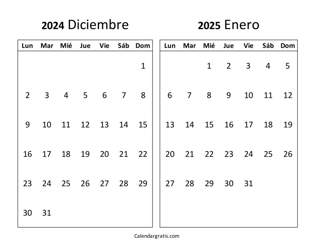 Calendario diciembre enero 2025 para imprimir gratis