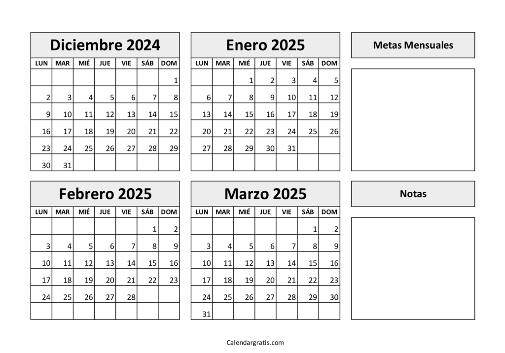 Calendario diciembre enero febrero marzo 2025