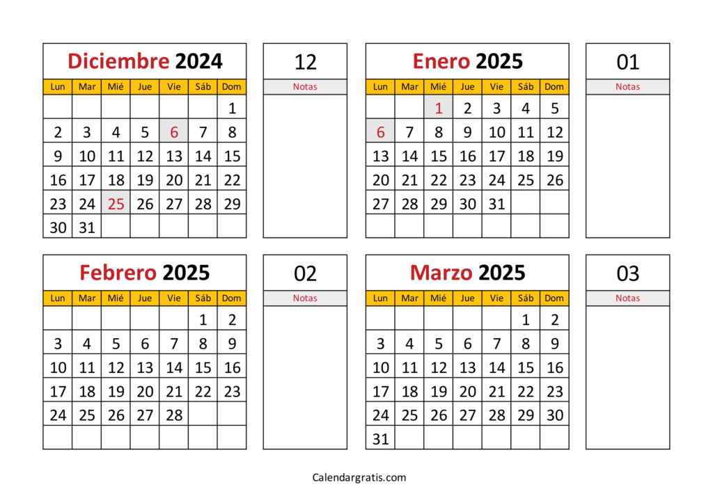 Calendario diciembre enero febrero marzo 2025 España