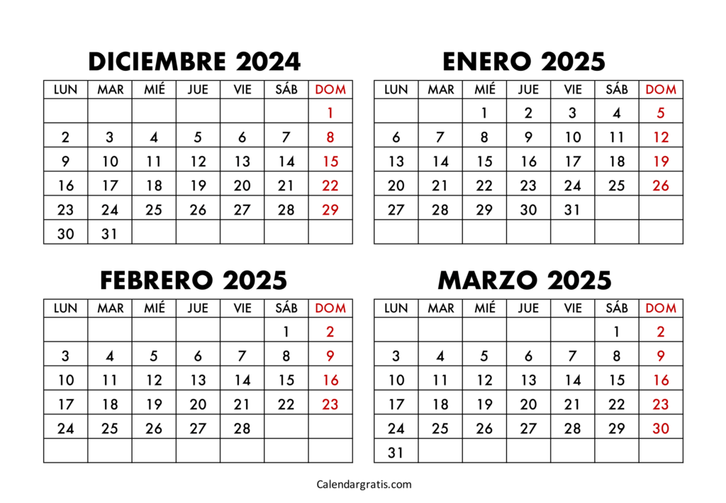 Calendario diciembre enero febrero marzo 2025 gratis