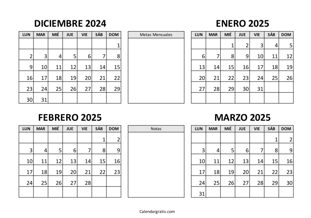 Calendario diciembre enero febrero marzo 2025 para imprimir