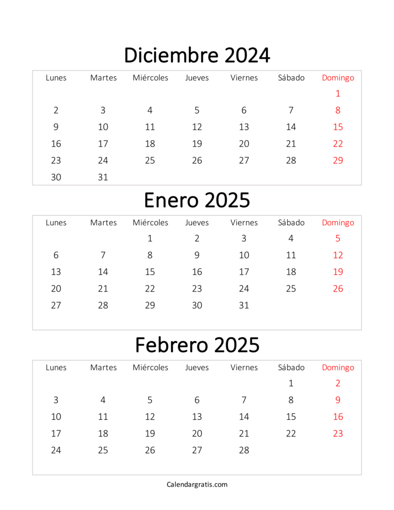 Calendario diciembre enero y febrero 2025