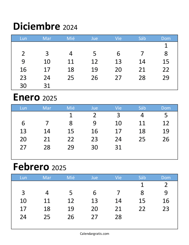 Calendario diciembre enero y febrero 2025 Argentina