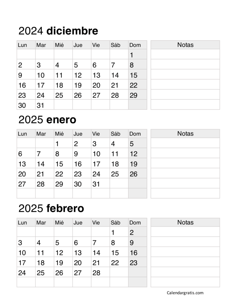 Calendario diciembre enero y febrero 2025 gratis