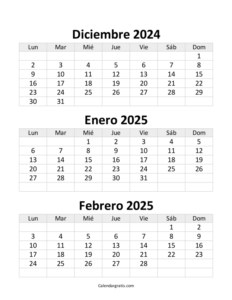 Calendario diciembre enero y febrero 2025 para imprimir