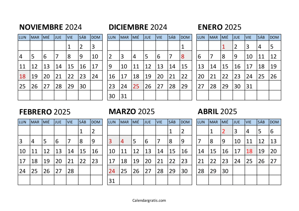 Calendario noviembre 2024 a abril 2025 Argentina